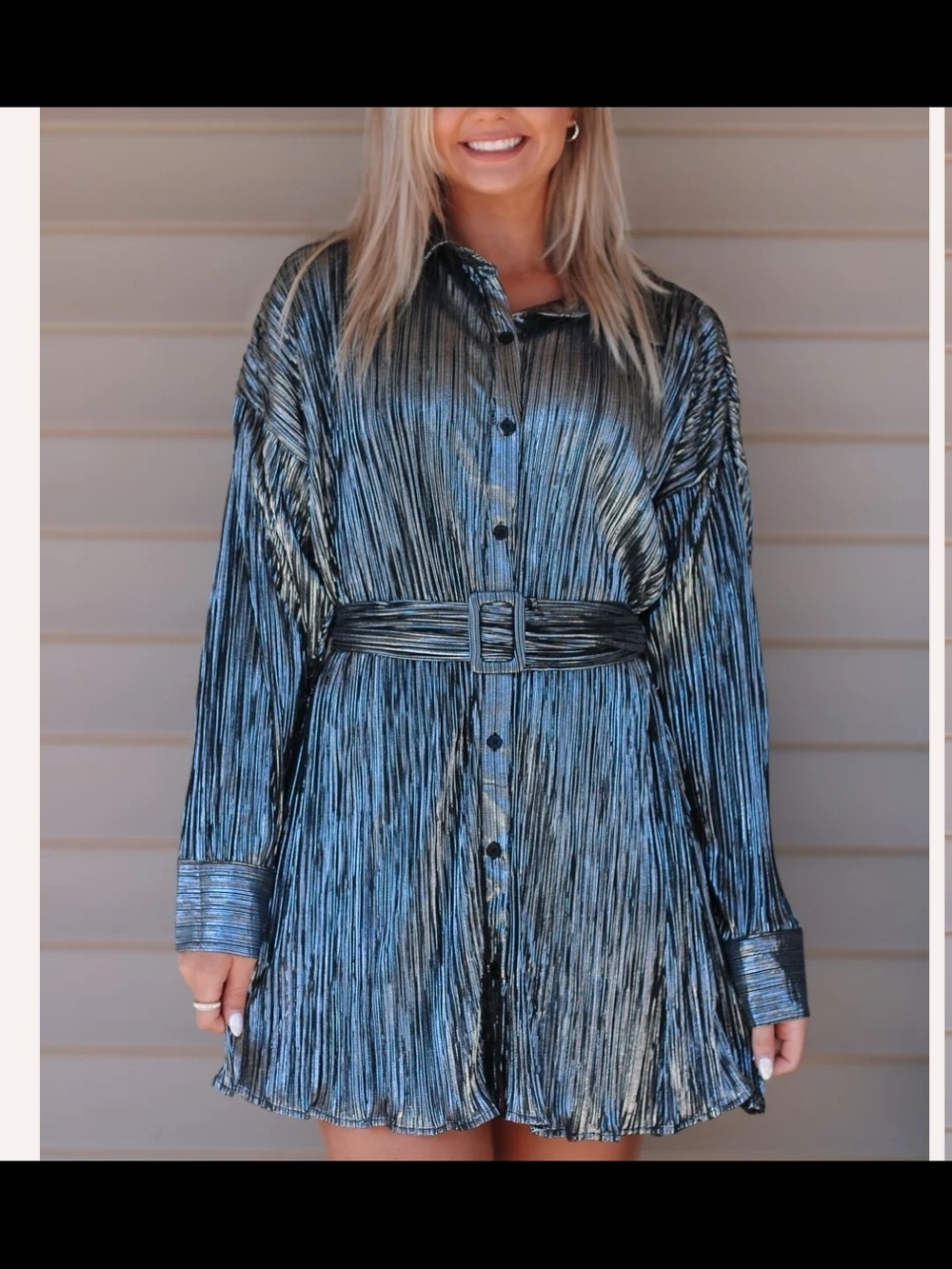 Gilli Metallic Blue Pleated Mini Shirt Dress with Belt